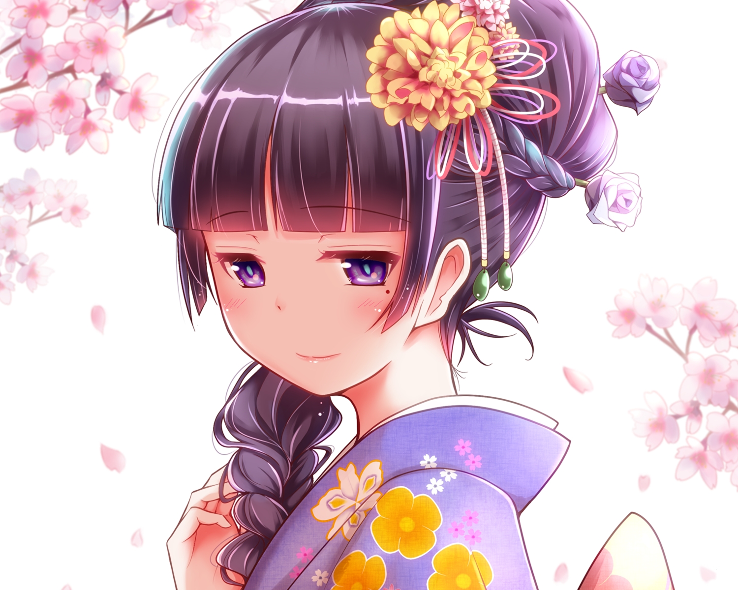 black_hair, braids, cherry_blossoms, close, cropped, flowers, gokou_ruri, headdress