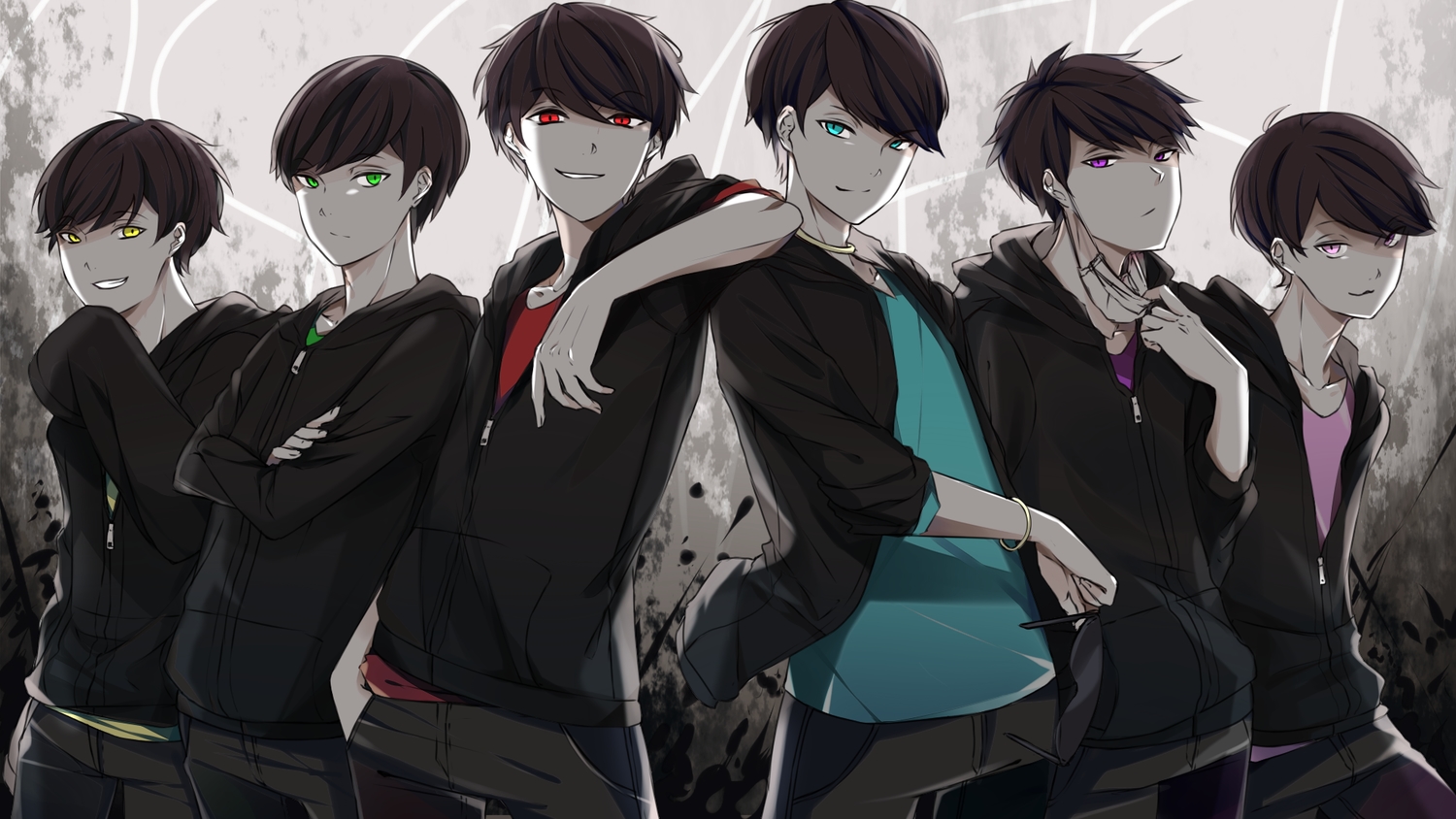 all_male, ameriya, aqua_eyes, black_hair, green_eyes, group, hood, male