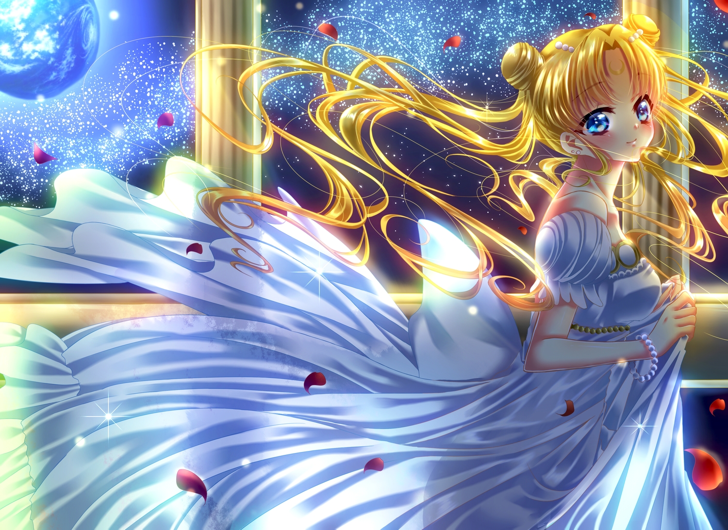 blonde_hair, blue_eyes, blush, dress, night, petals, princess_serenity, sailor_moon