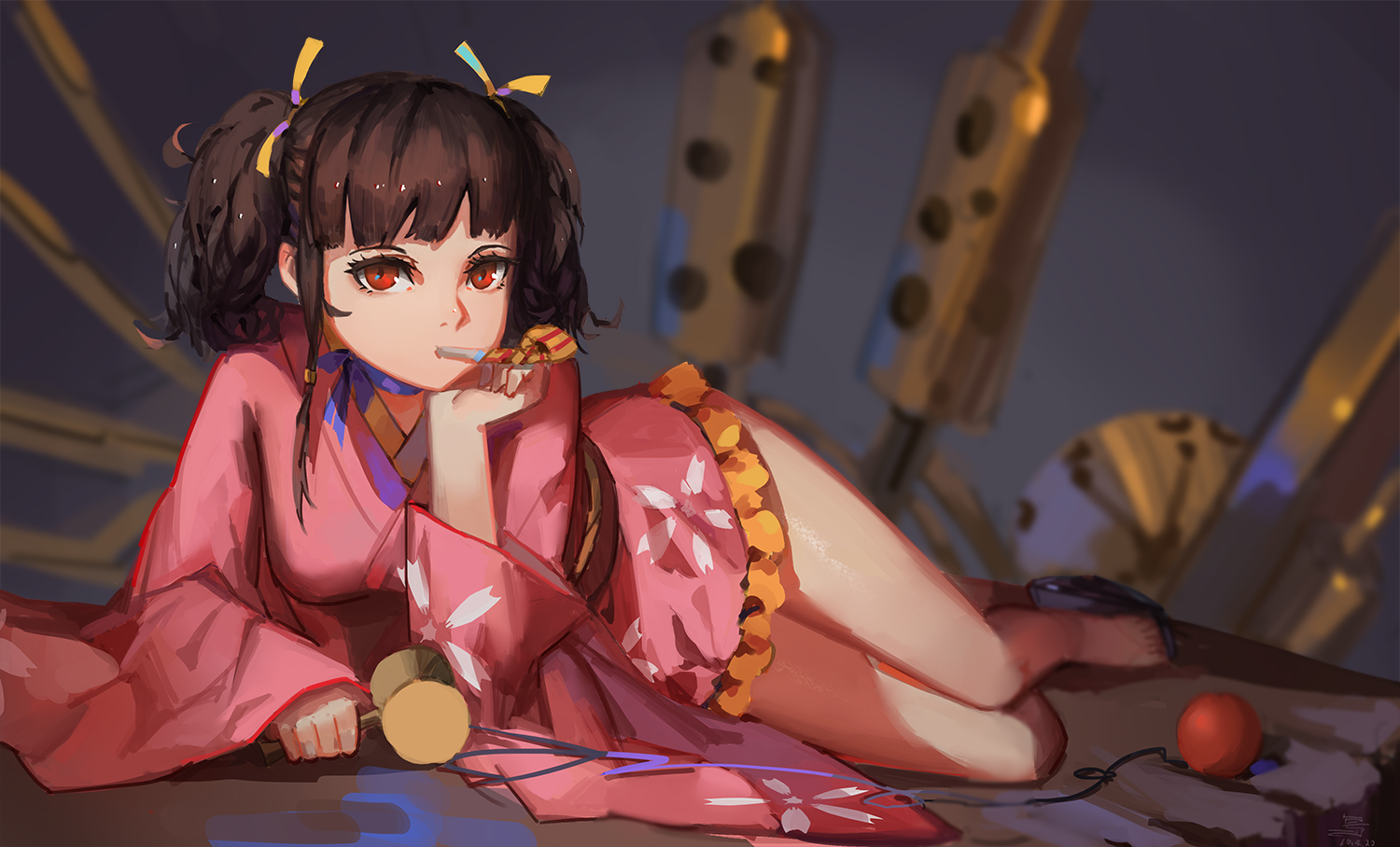 ball, brown_hair, japanese_clothes, koutetsujou_no_kabaneri, lolita_fashion, mumei_(kabaneri), red_eyes, sk_tori, twintails, yukata