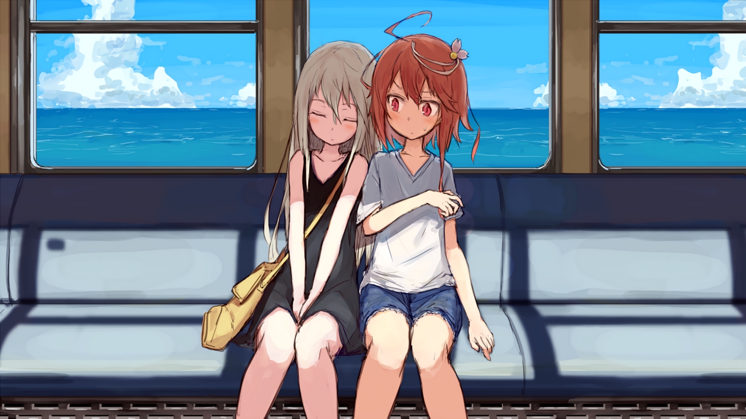 2girls, anthropomorphism, beize_(garbage), clouds, dress, i-58_(kancolle), kantai_collection, long_hair, red_eyes, red_hair, ro-500_(kancolle), short_hair, sky, sleeping, third-party_edit, train, u-511_(kancolle), waifu2x, water, white_hair
