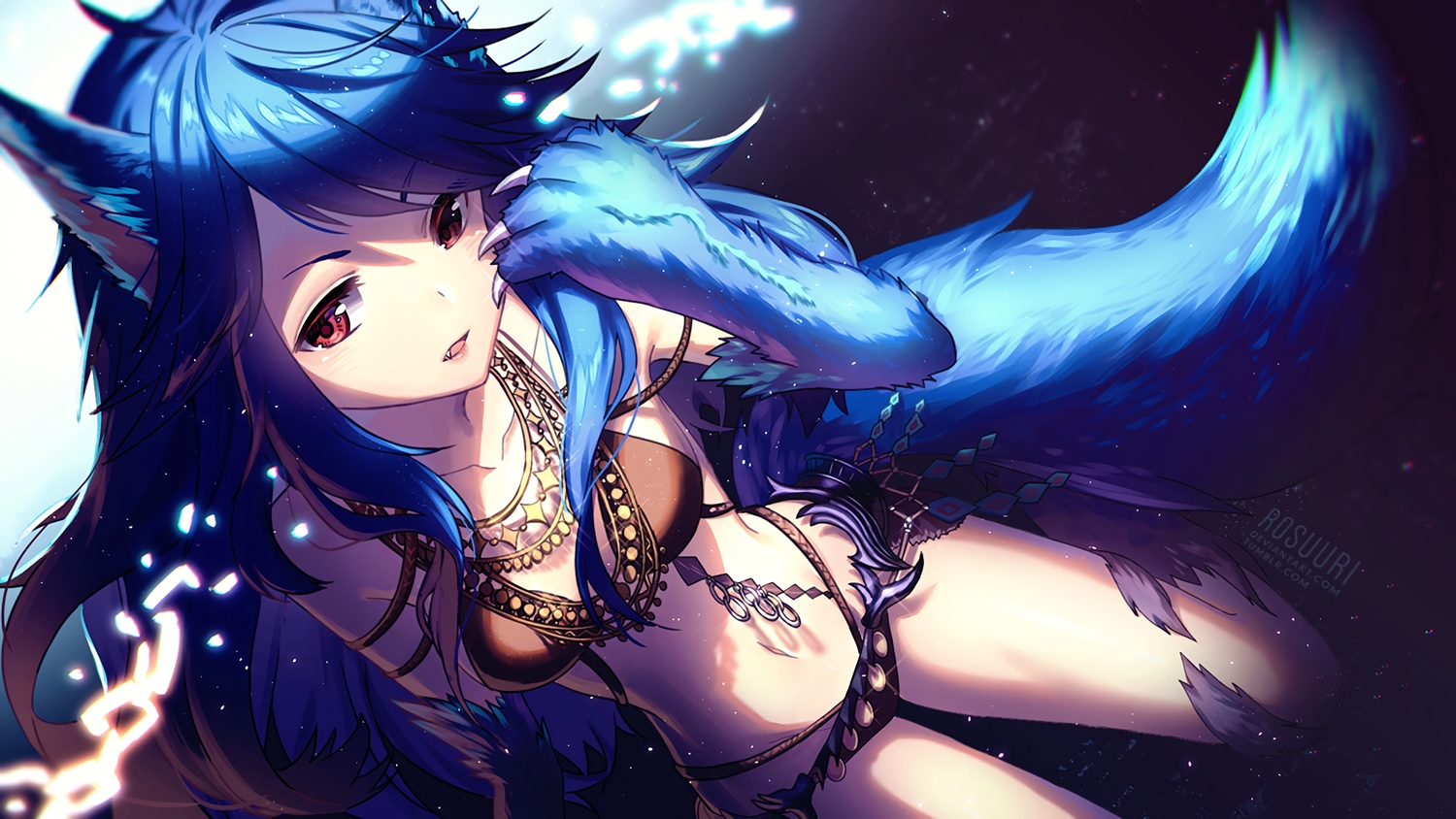 animal_ears, blue_hair, catgirl, chain, fang, fenrir, polychromatic, rosuuri, shingeki_no_bahamut, tail, underwear, waifu2x, watermark, wolfgirl