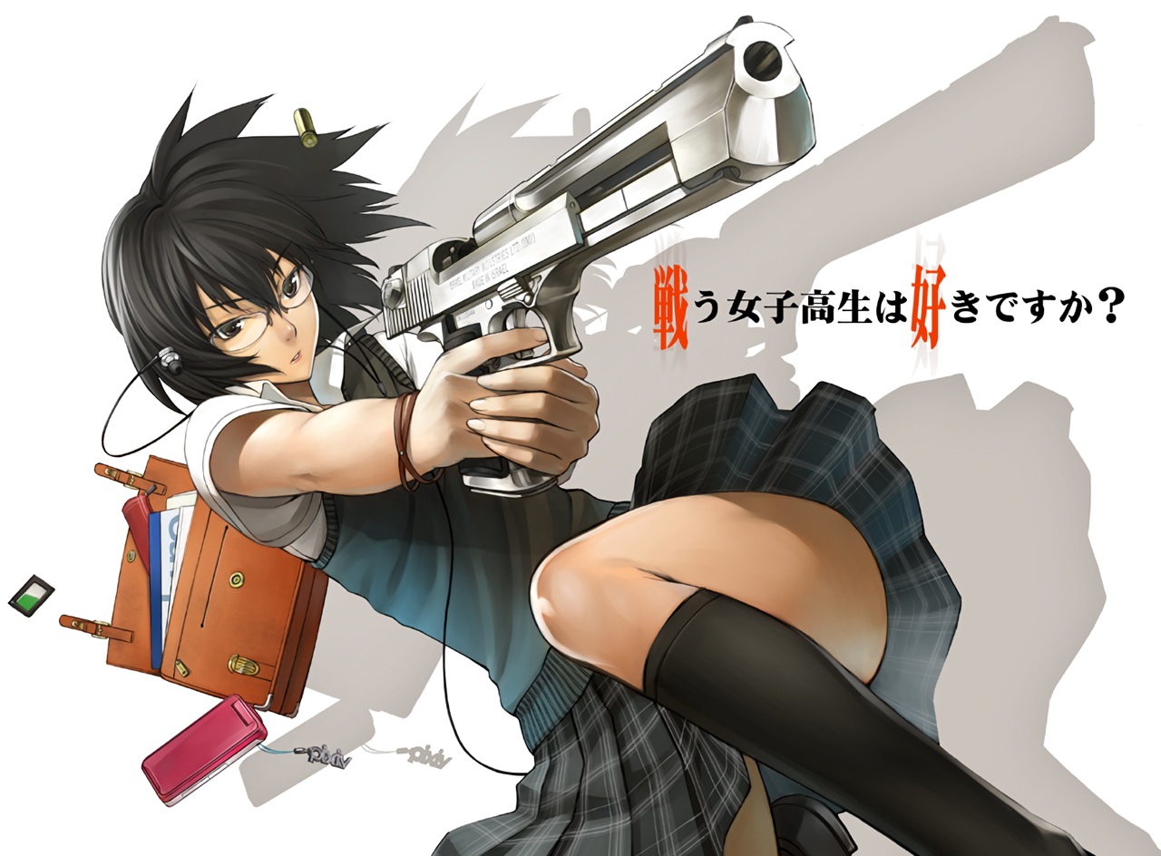 black_eyes, black_hair, glasses, gun, headphones, kneehighs, kurojishi, phone