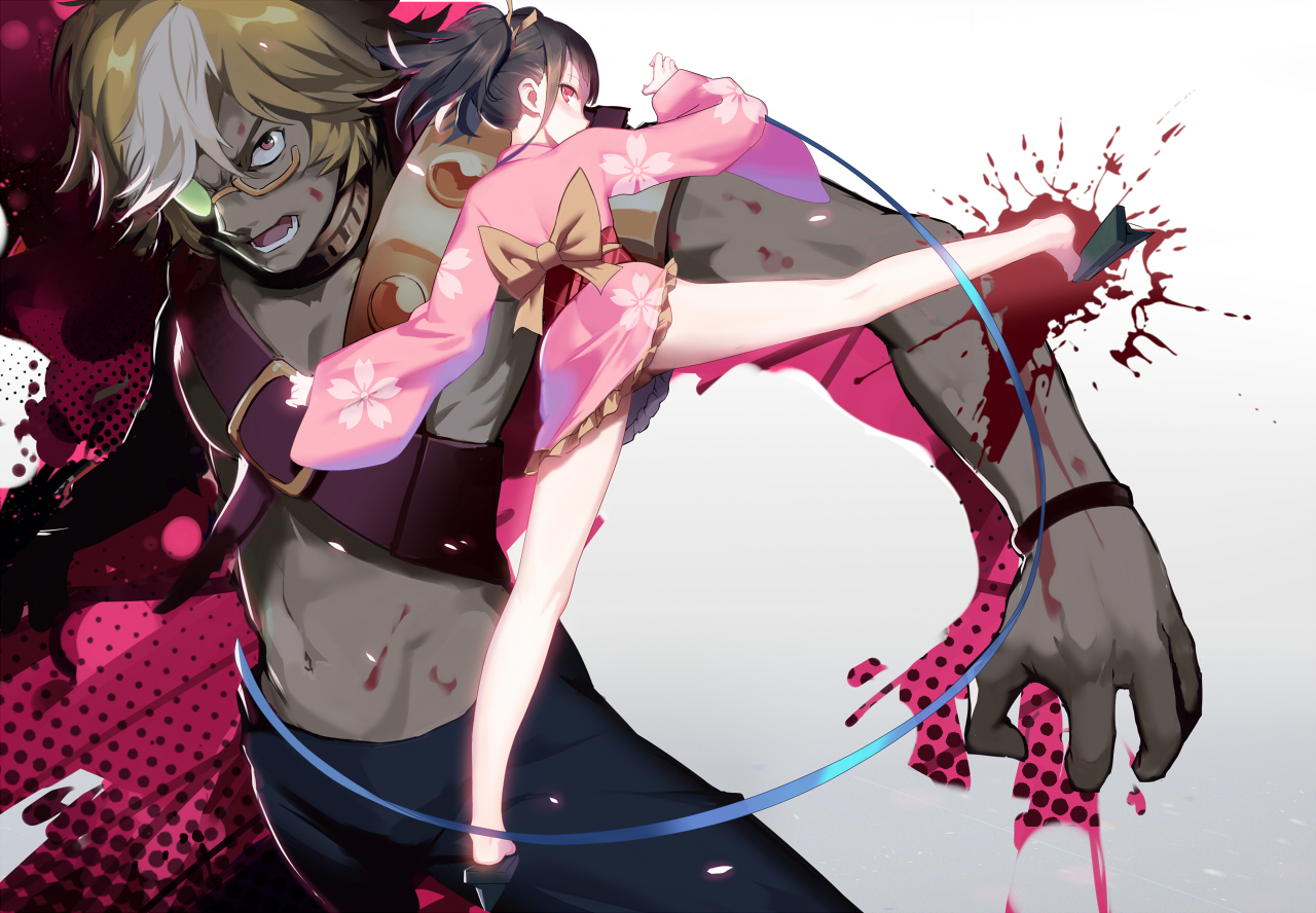 clare_(543), ikoma_(kabaneri), japanese_clothes, kick, koutetsujou_no_kabaneri, loli, lolita_fashion, male, mumei_(kabaneri), yukata