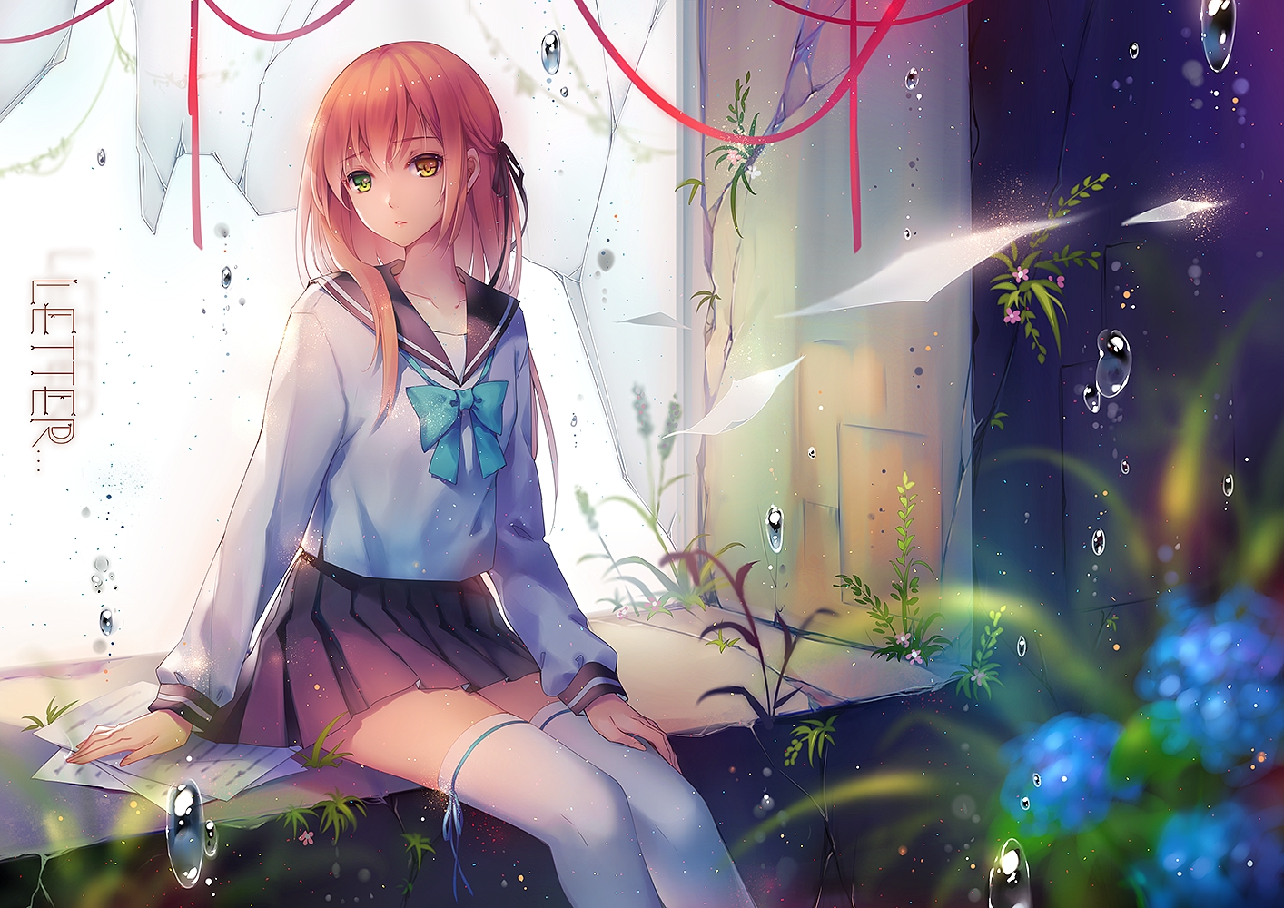 bicolored_eyes, bow, flowers, niya, orange_hair, original, paper, ribbons