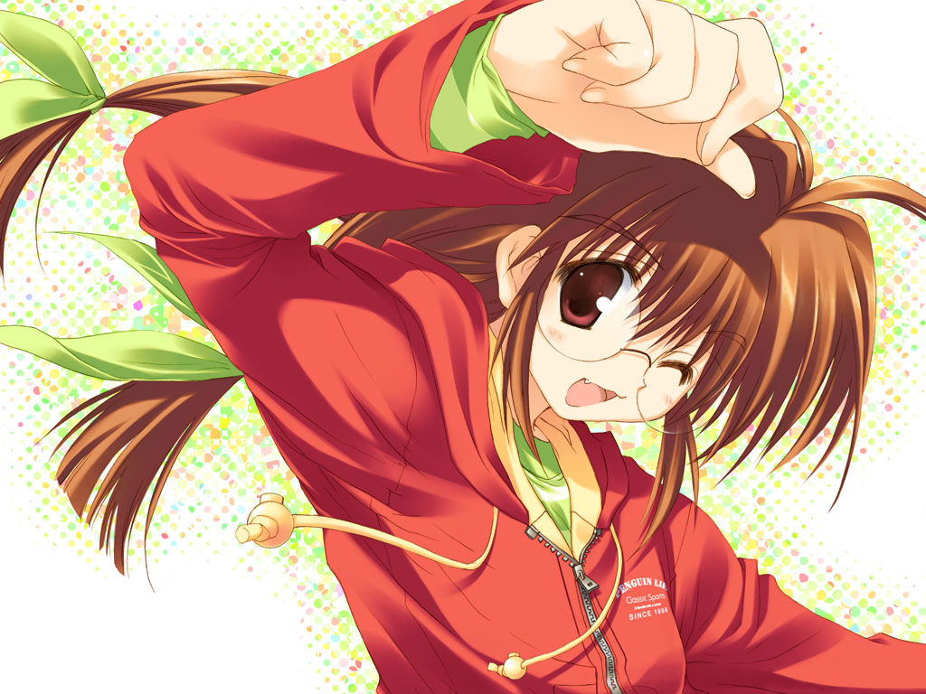 blush, brown_hair, comic_party, fang, glasses, inagawa_yuu, leaf, mitsumi_misato