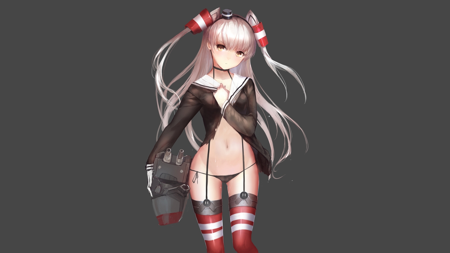 amatsukaze_(kancolle), anthropomorphism, blush, gray, gray_hair, headband, kantai_collection, long_hair, navel, panties, rensouhou-kun, stockings, swd3e2, thighhighs, torn_clothes, twintails, underwear, white_hair, yellow_eyes