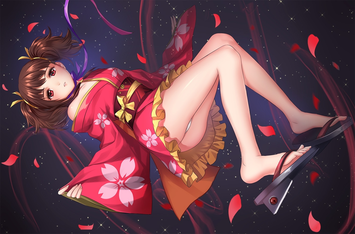 aliasing, althea_(sakiya0000), ass, brown_hair, japanese_clothes, koutetsujou_no_kabaneri, lolita_fashion, long_hair, mumei_(kabaneri), no_bra, panties, petals, red_eyes, ribbons, space, stars, twintails, underwear, yukata