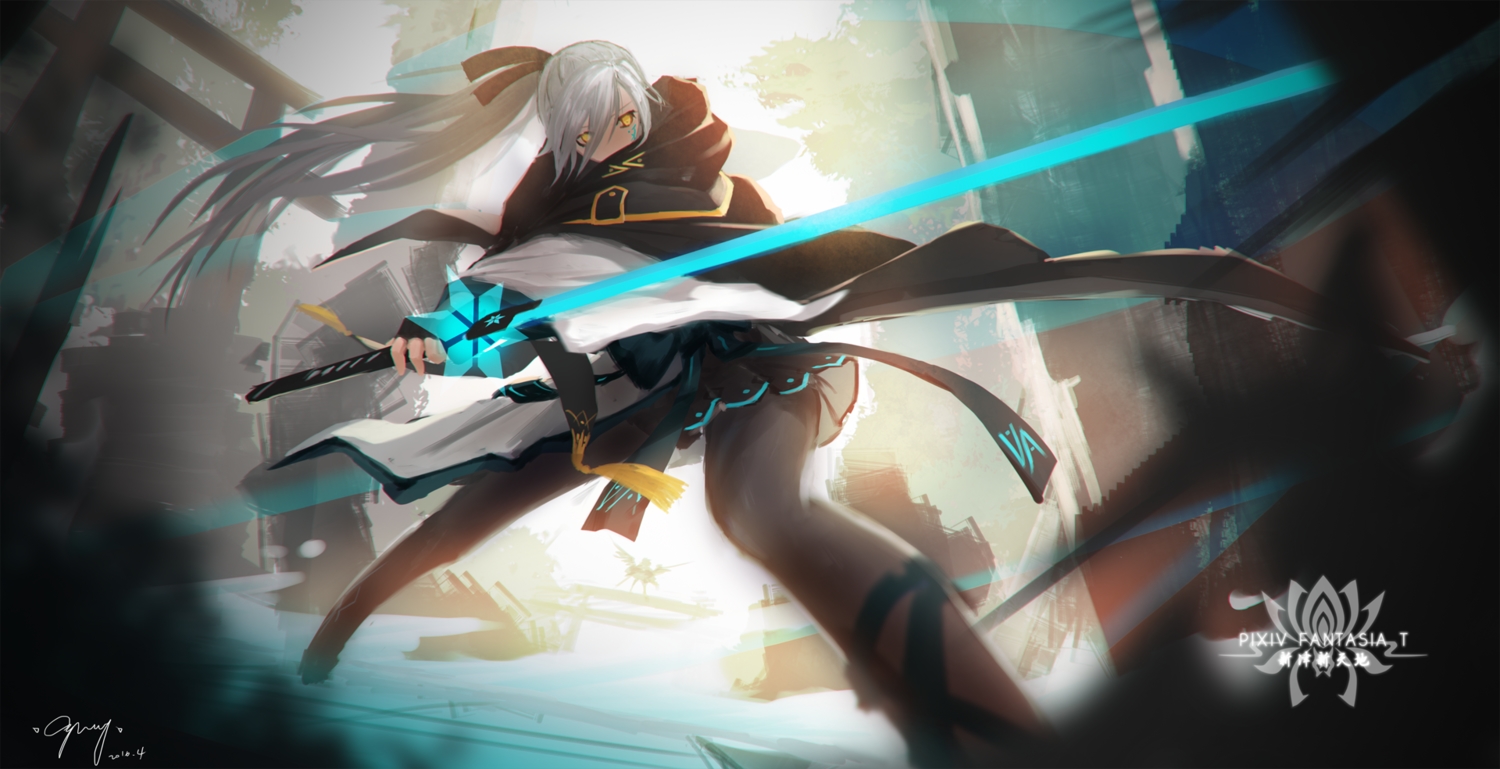 building, cang_yue_xue_feng, gloves, gray_hair, hood, long_hair, magic, original, pantyhose, pixiv_fantasia, ponytail, ribbons, ruins, signed, skirt, sword, torii, weapon, yellow_eyes