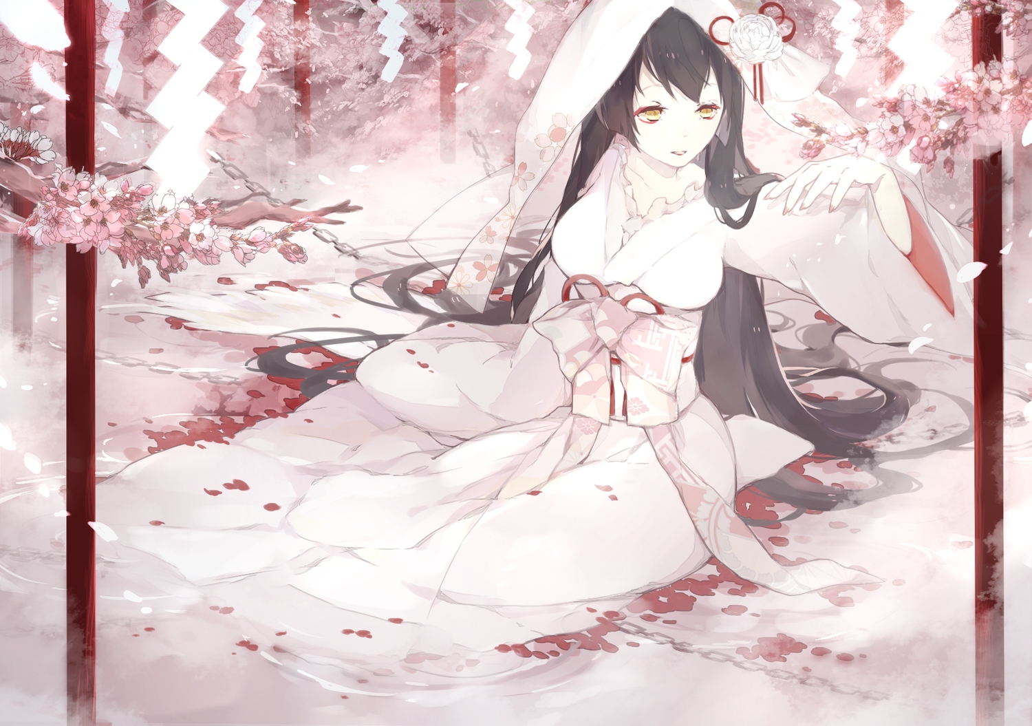 bow, cherry_blossoms, flowers, japanese_clothes, kimono, miyuki_(miyuki_05290), original, petals