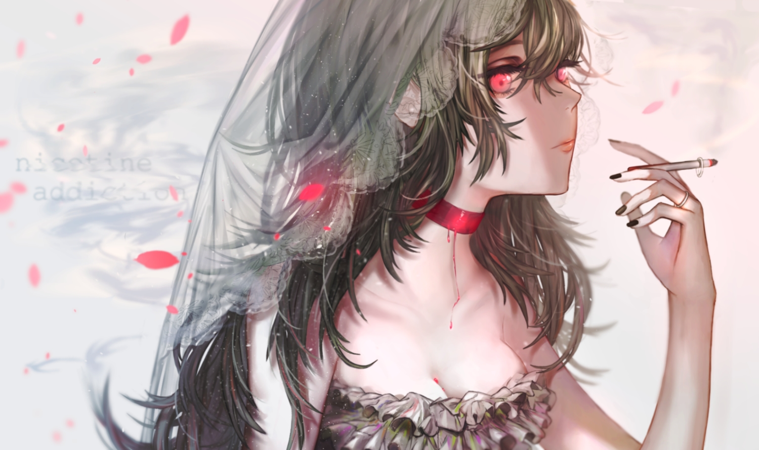 breasts, brown_hair, choker, cigarette, cleavage, headdress, hojiro_(piko519), long_hair, original, petals, red_eyes, wedding_attire