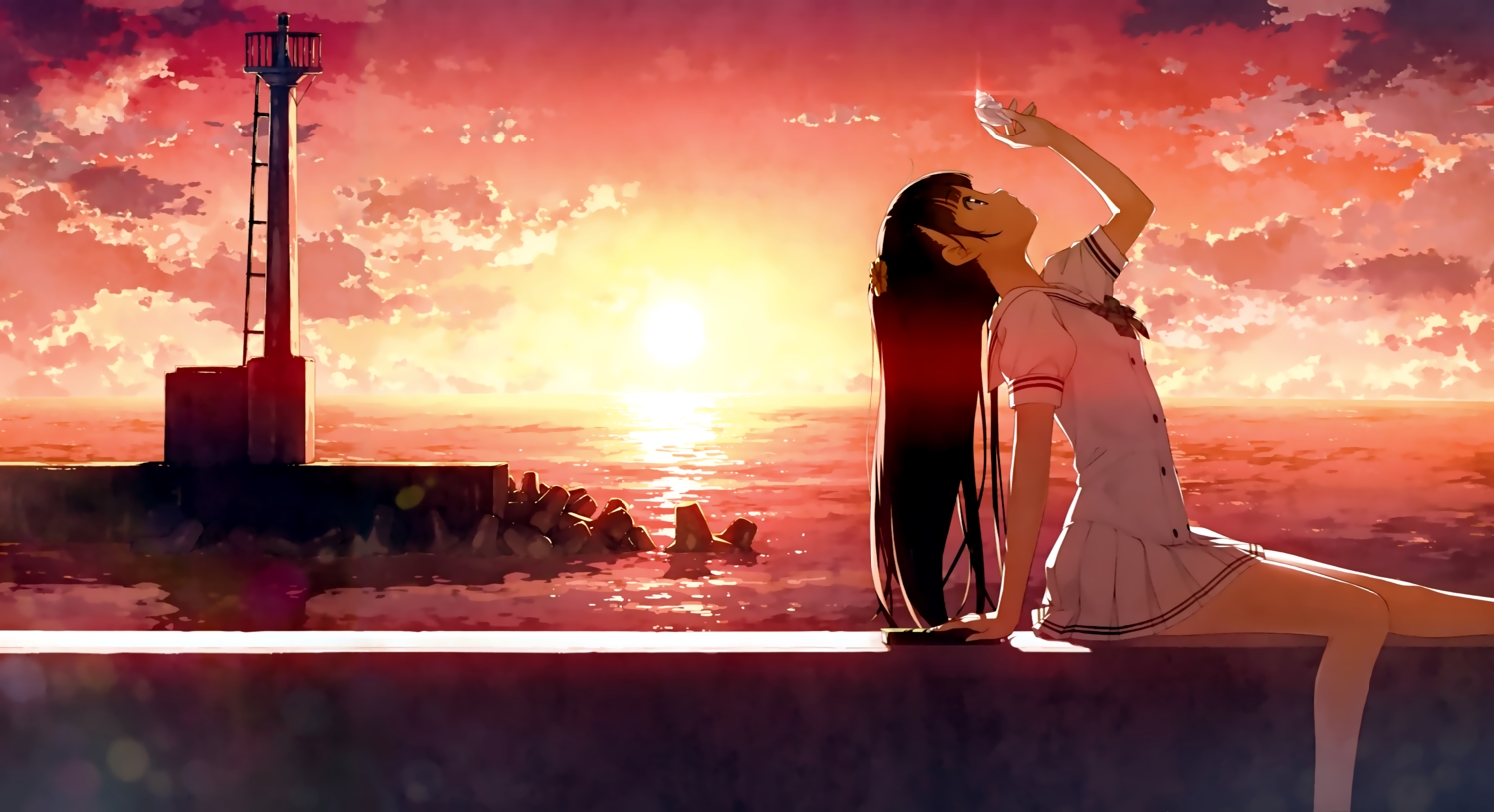 5_nenme_no_houkago, black_hair, clouds, kantoku, landscape, long_hair, nagisa_(kantoku), original, scan, scenic, school_uniform, skirt, sunset