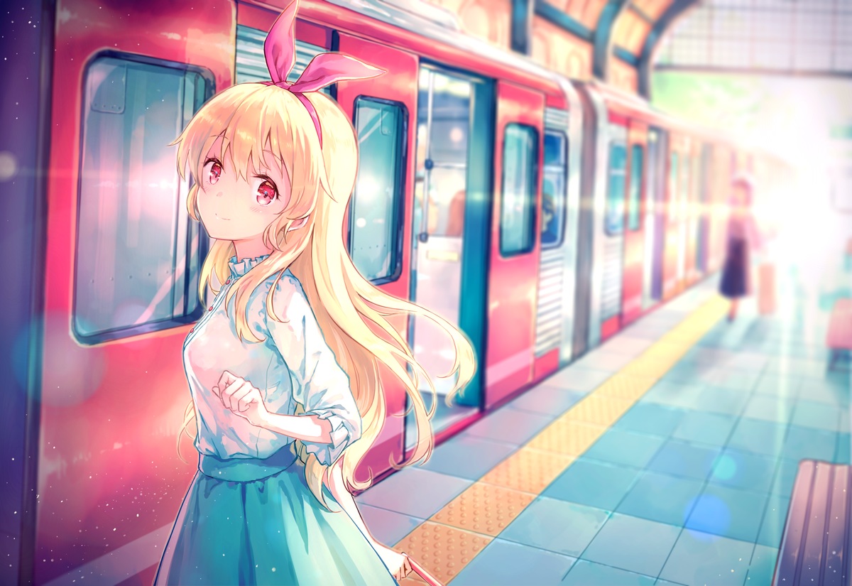 aikatsu!, blonde_hair, headband, hiten_(hitenkei), hoshimiya_ichigo, long_hair, red_eyes, skirt, train