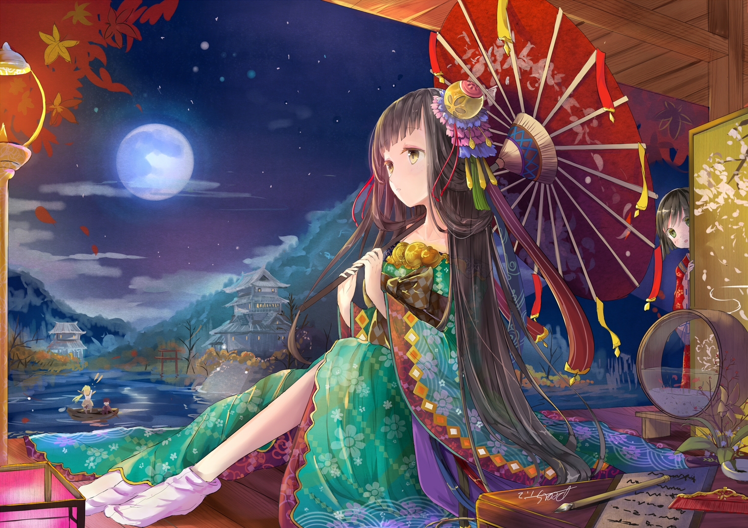 blonde_hair, boat, brown_hair, building, clouds, japanese_clothes, kimono, long_hair, merc_storia, night, piizu_(peas), signed, socks, stars, umbrella, water, yellow_eyes