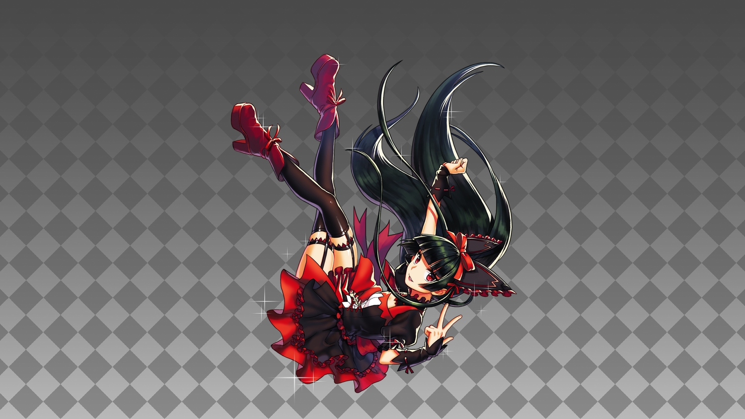 black_hair, boots, dress, garter_belt, gate_-_jieitai_ka_no_chi_nite_kaku_tatakaeri, goth-loli, gradient, gray