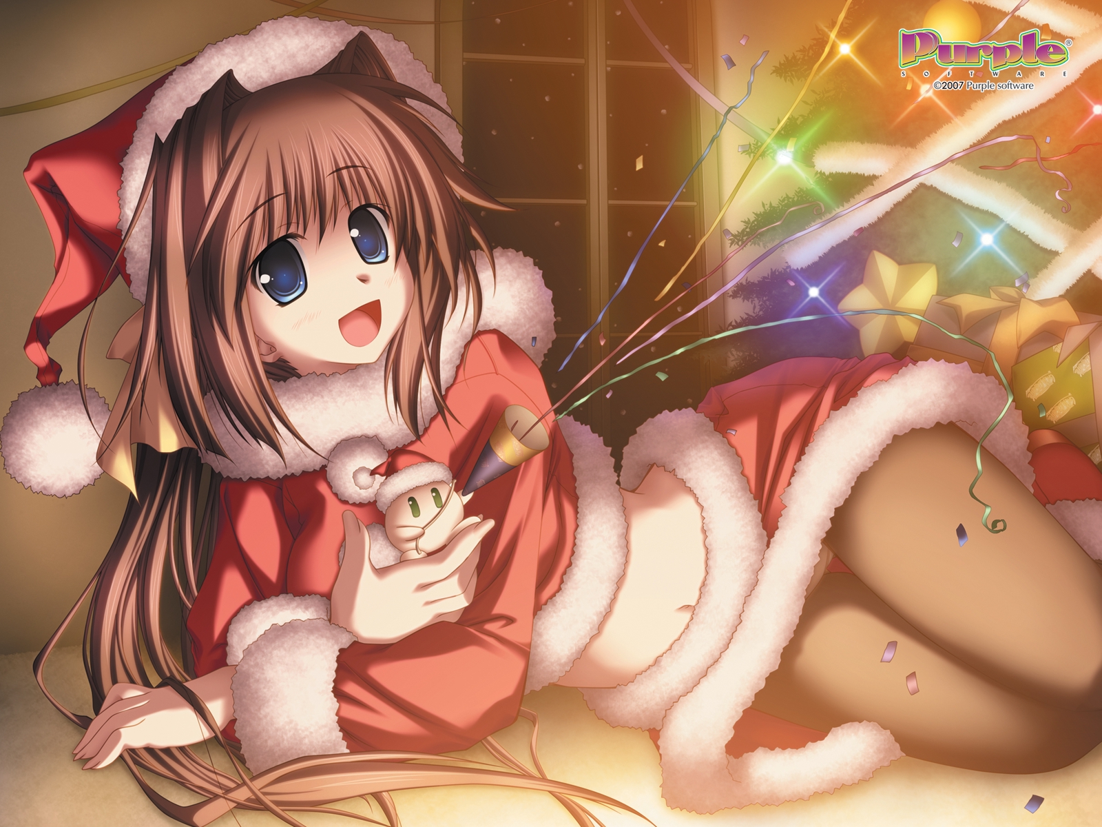 blue_eyes, brown_hair, christmas, haruno_yume, panties, primitive_link, purple_software, santa_costume, underwear