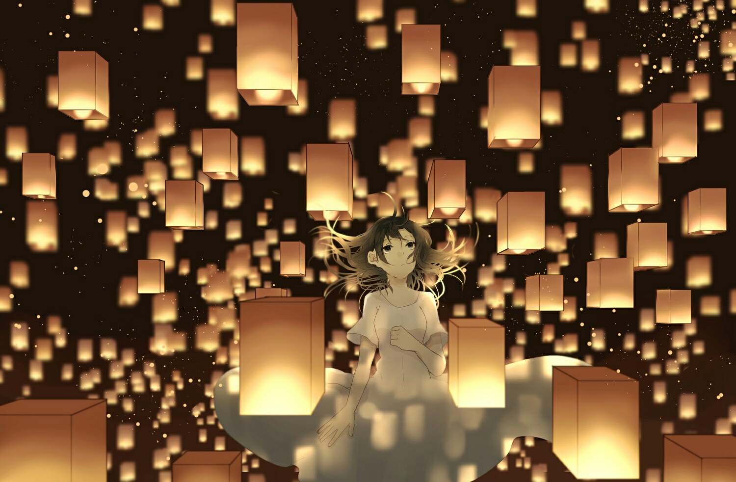 black_eyes, black_hair, danjou_sora, dress, long_hair, original, space, stars