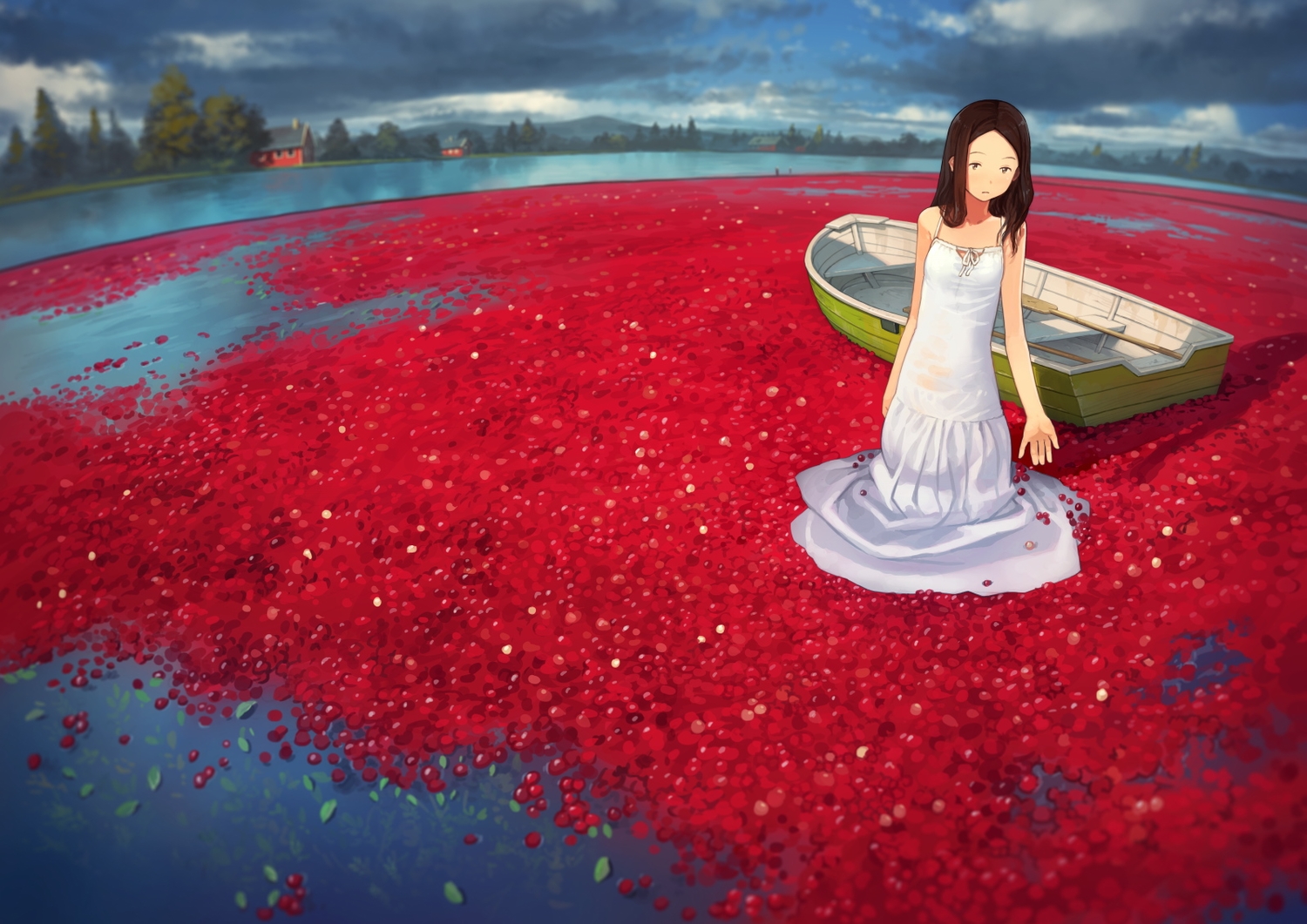 boat, brown_hair, dress, food, fruit, original, scenic, summer_dress