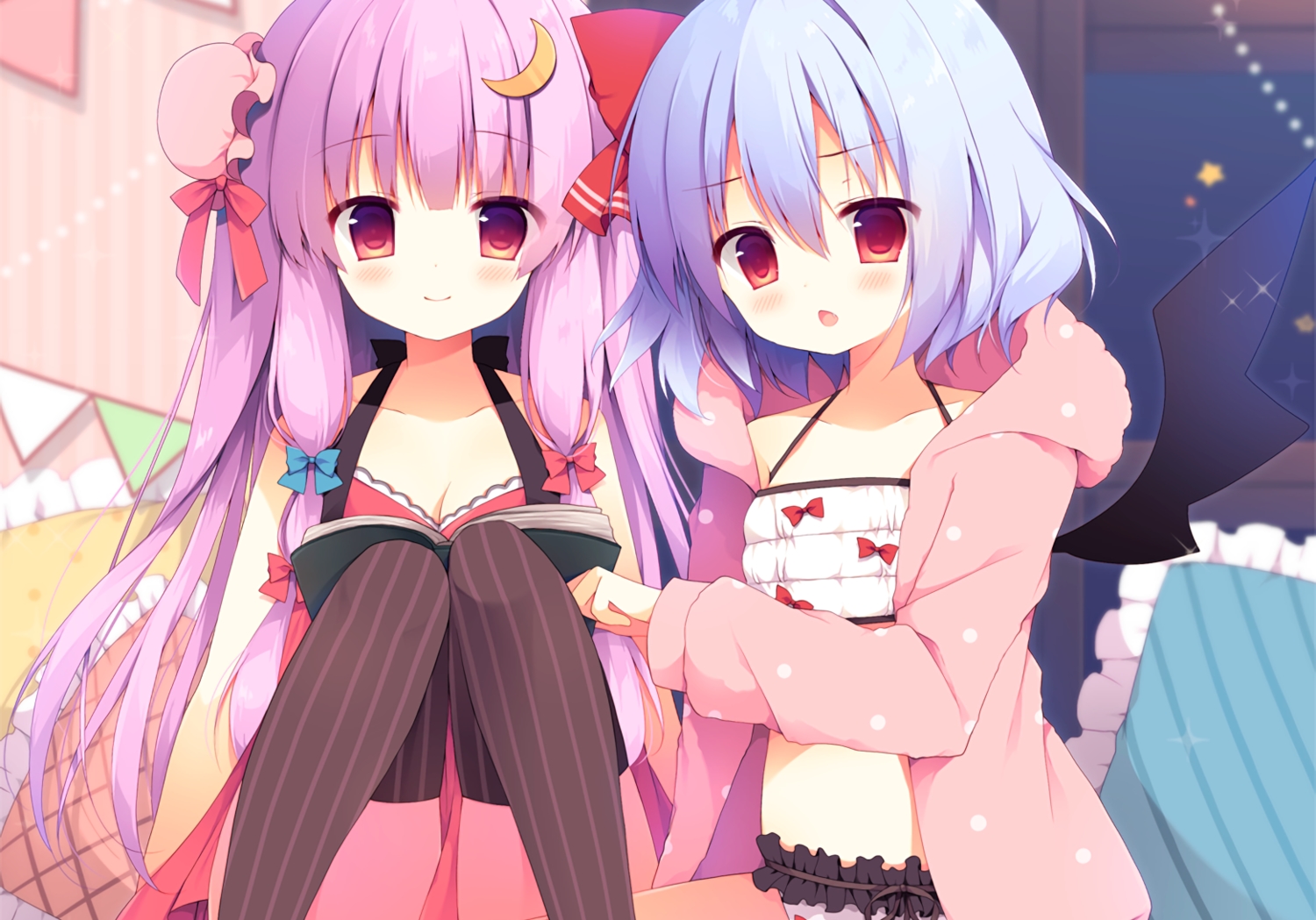 2girls, cropped, izumiyuhina, patchouli_knowledge, remilia_scarlet, touhou, vampire, waifu2x
