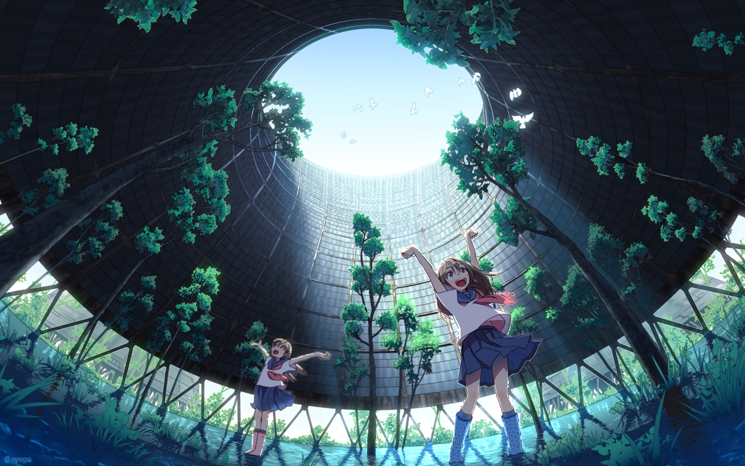 2girls, boots, brown_eyes, brown_hair, grass, kneehighs, long_hair, original
