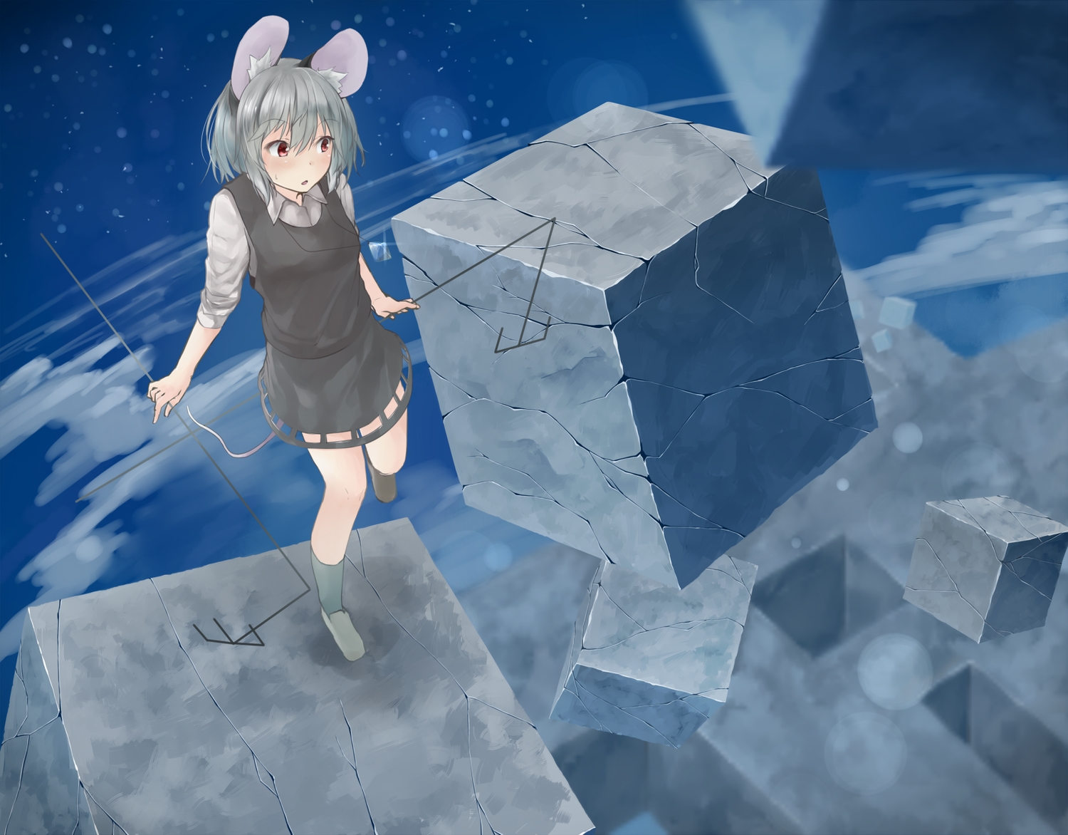 animal_ears, gray_hair, kneehighs, mousegirl, nazrin, netamaru, red_eyes, short_hair, skirt, tail, touhou