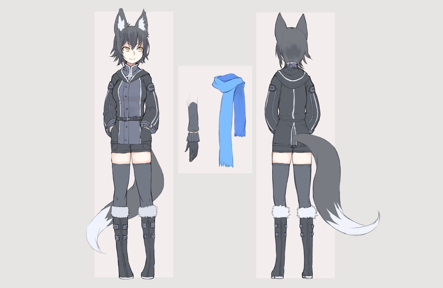 animal_ears, black_hair, foxgirl, ganesagi, nanako_(ganesagi), original, scarf, tail
