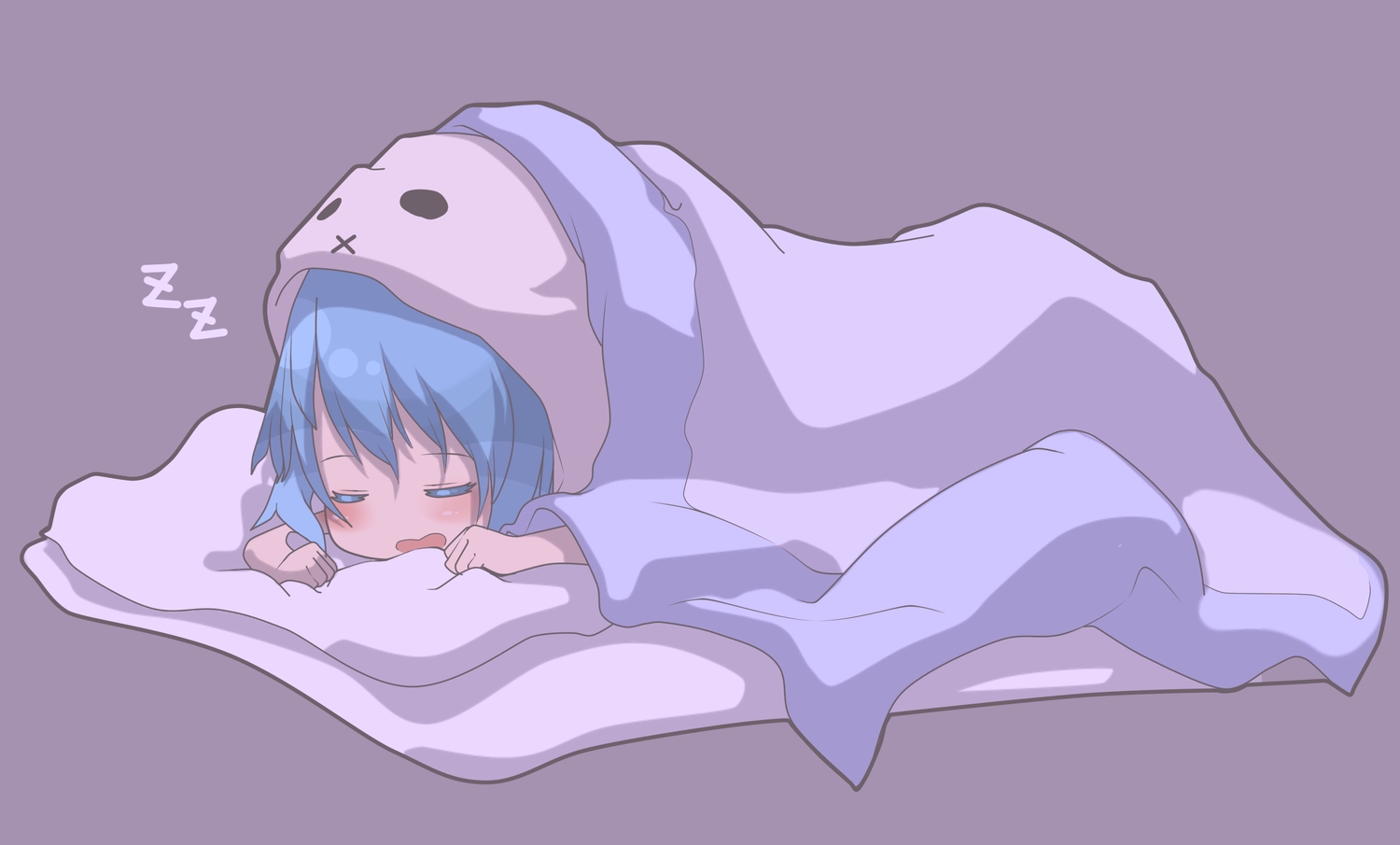 aoi_tori_(artist), aqua_hair, blush, hood, loli, original, short_hair, sleeping