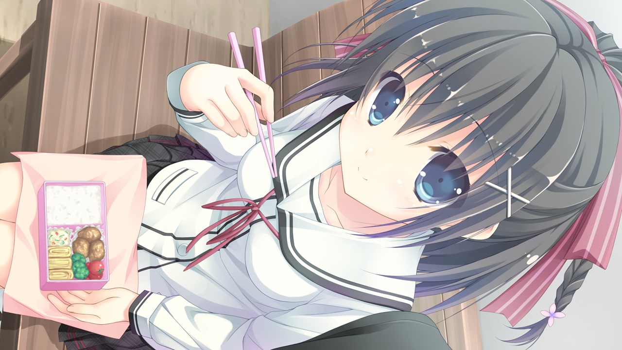 black_hair, blue_eyes, braids, chikotam, food, game_cg, hare_nochi_kitto_nanohana_biyori, ribbons