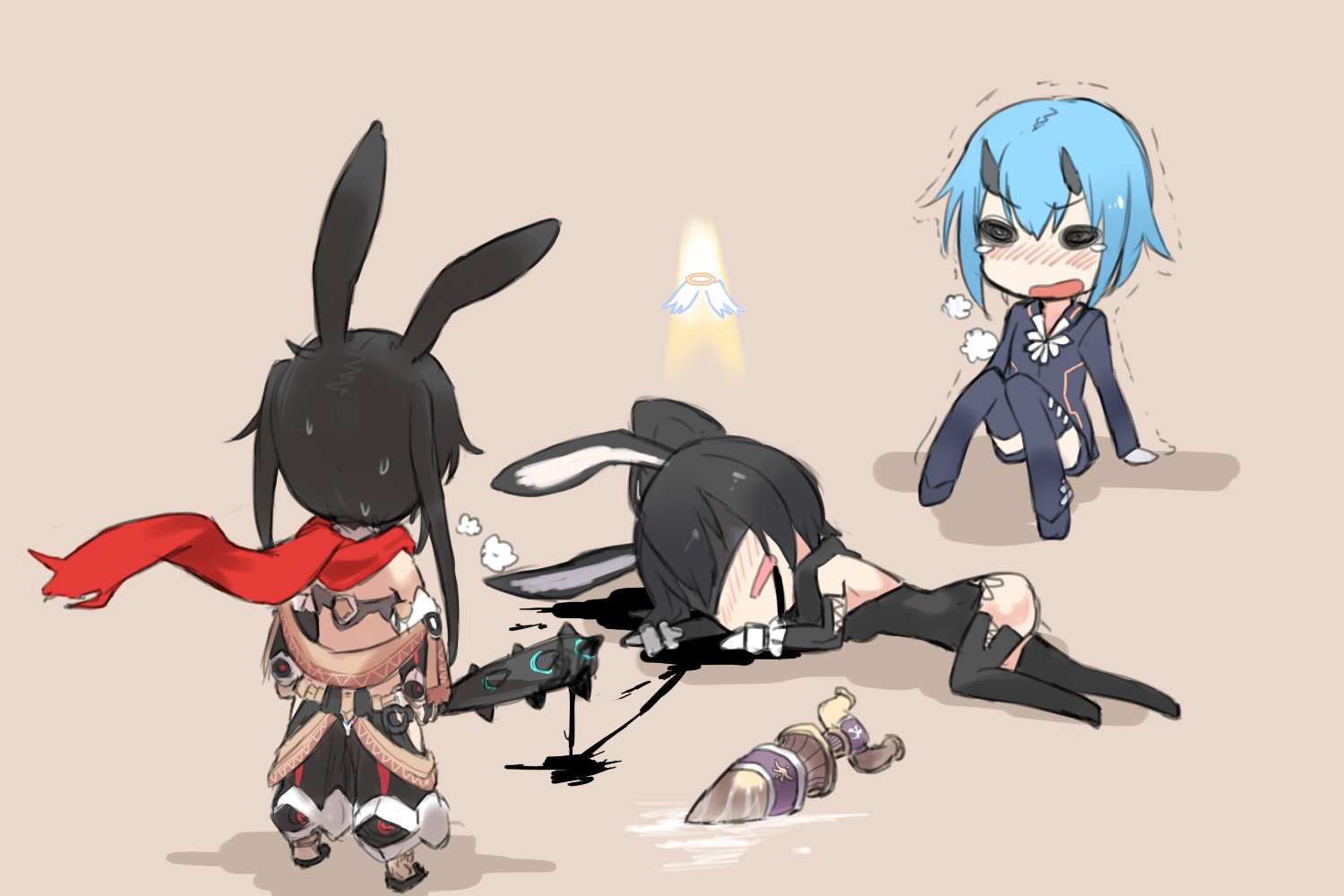 animal_ears, black_hair, blood, blue_hair, blush, bunny_ears, bunnygirl, ganesagi