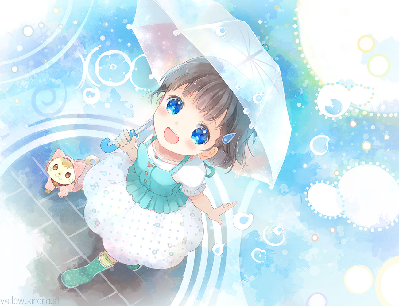 animal, blue_eyes, blush, boots, brown_hair, cat, collar, dress