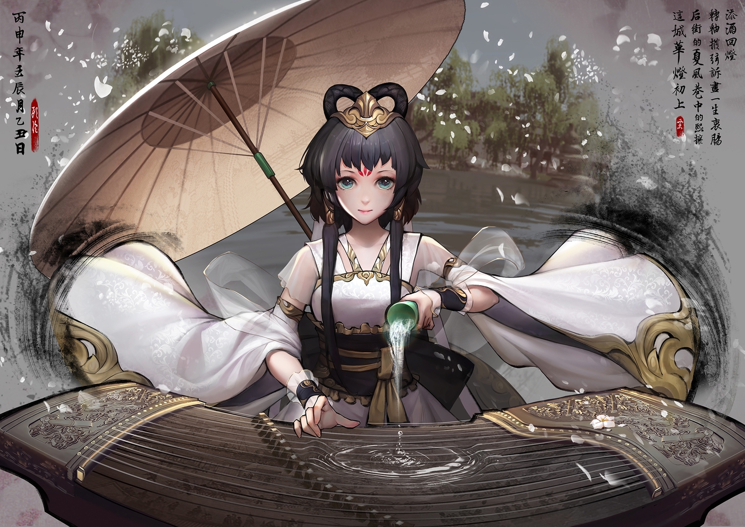 aqua_eyes, black_hair, cherry_blossoms, chinese_clothes, flowers, headdress, long_hair, luo_tianyi, oop, tattoo, umbrella, vocaloid, vsinger, water, wristwear