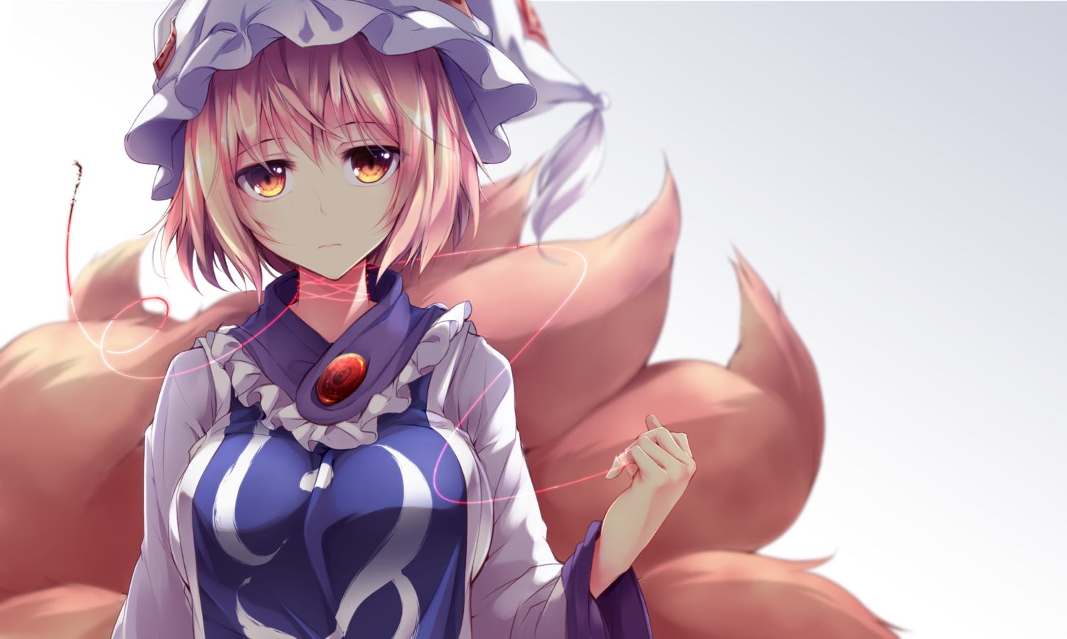 blonde_hair, foxgirl, hat, midori_(misuriru8), multiple_tails, orange_eyes, pink_hair, short_hair, tail, touhou, yakumo_ran