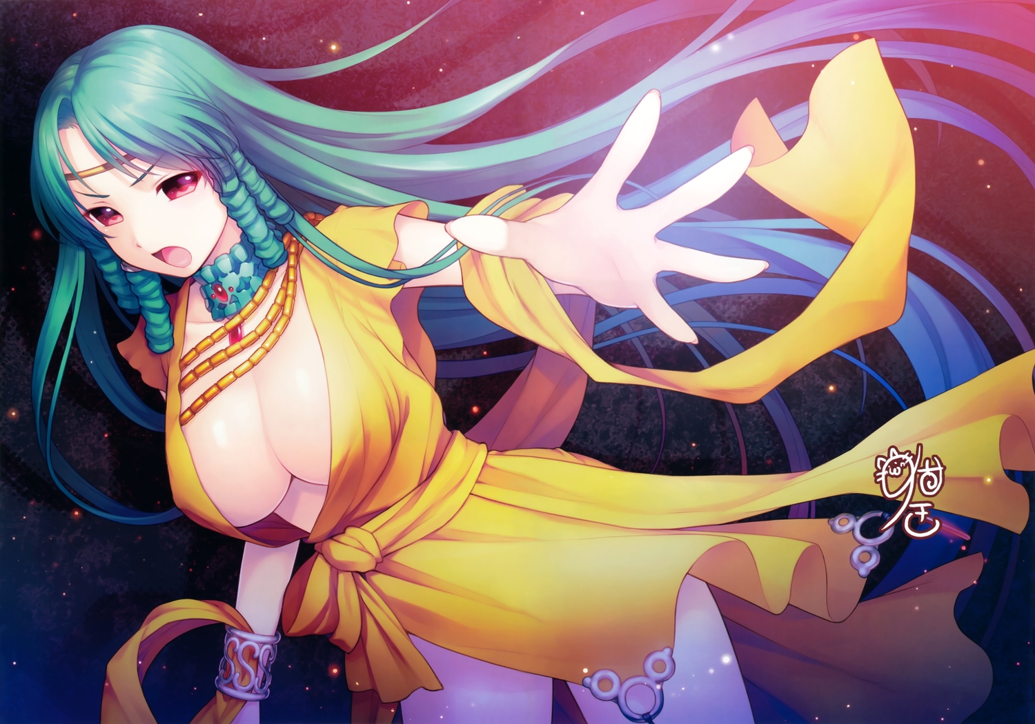 breasts, dress, green_hair, long_hair, nitroplus, red_eyes, scan, tagme_(character), vampirdzhija_vjedogonia