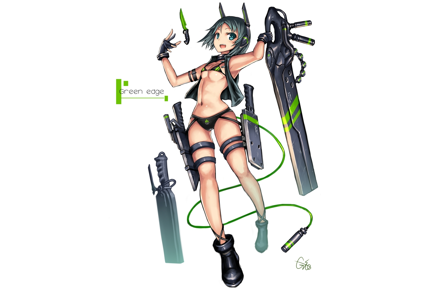 aqua_eyes, aqua_hair, bikini, cameltoe, gia, gun, original, signed