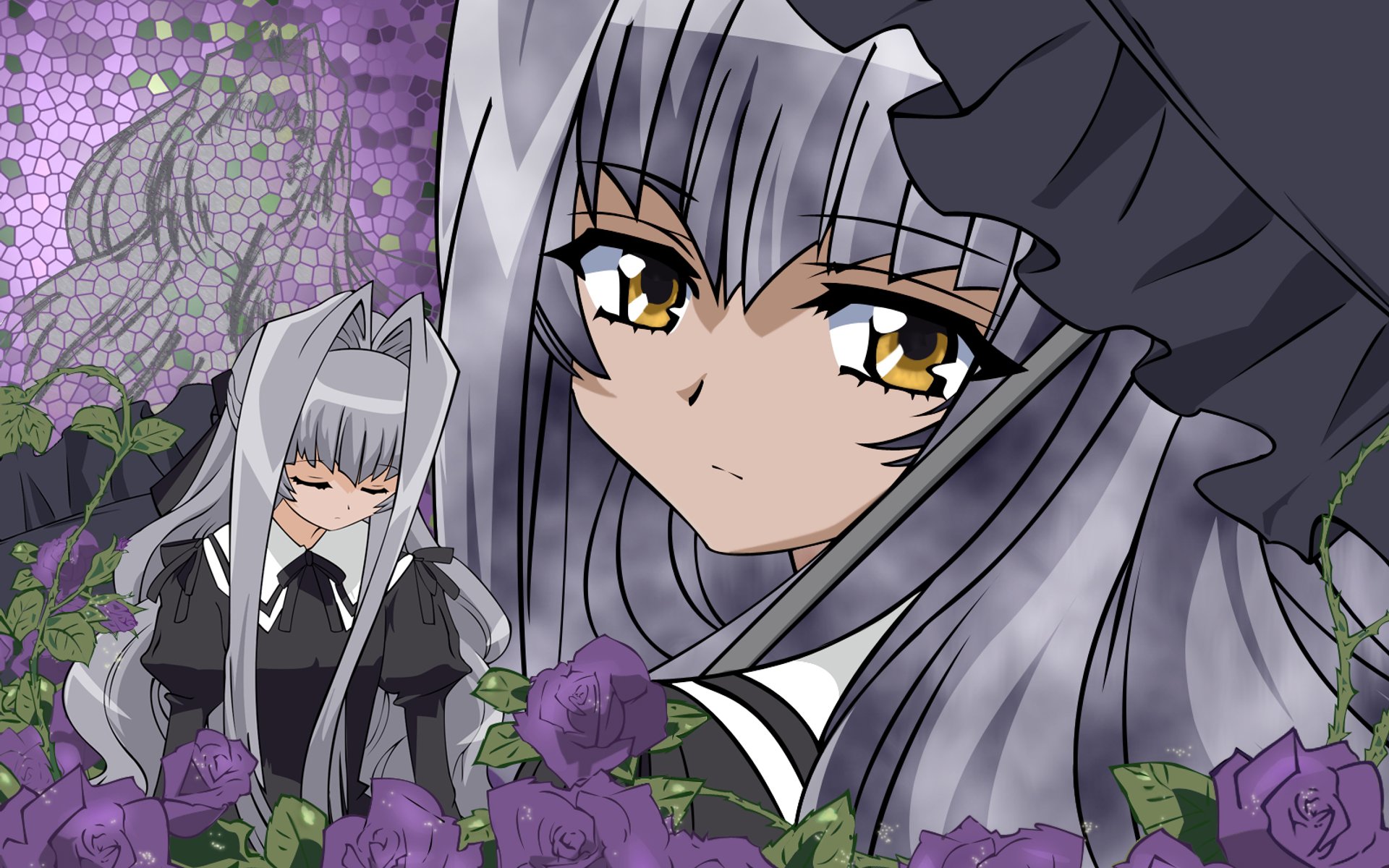 flowers, gray_hair, karin, long_hair, maaka_anju, tagme, yellow_eyes