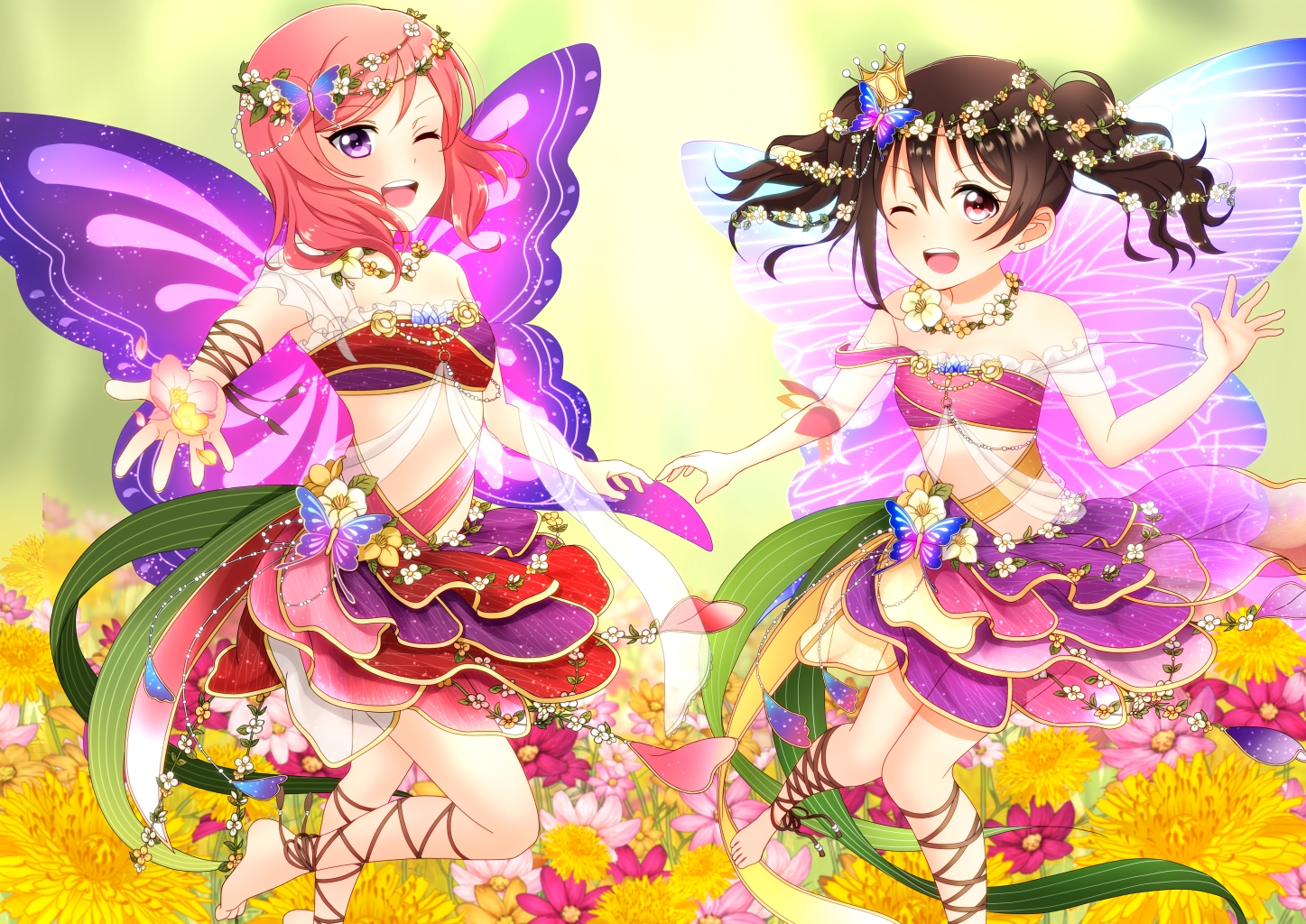 2girls, black_hair, butterfly, fairy, flowers, kurono_kito, love_live!_school_idol_project, nishikino_maki