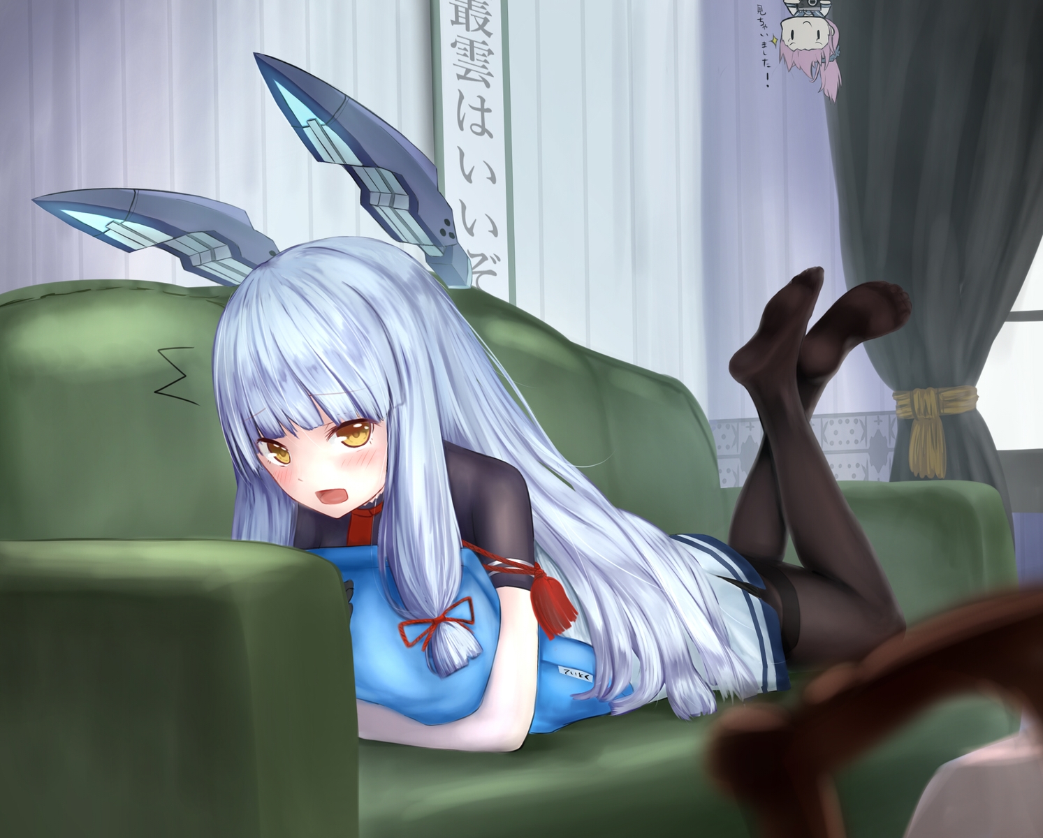 anthropomorphism, aoba_(kancolle), blush, chibi, couch, green, harukana_(harukana_10), kantai_collection, long_hair, murakumo_(kancolle), pantyhose, pink_hair, ponytail, translation_request, white_hair, yellow_eyes