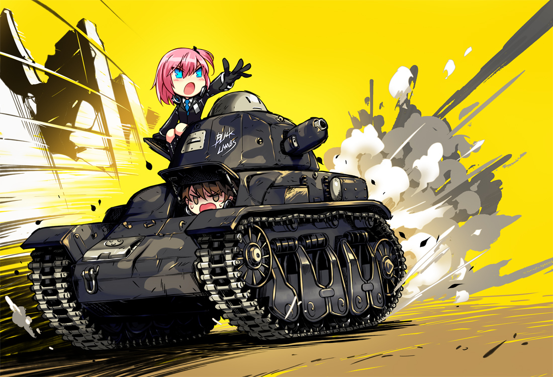 aqua_eyes, blush, boots, brown_eyes, brown_hair, chibi, closers, combat_vehicle