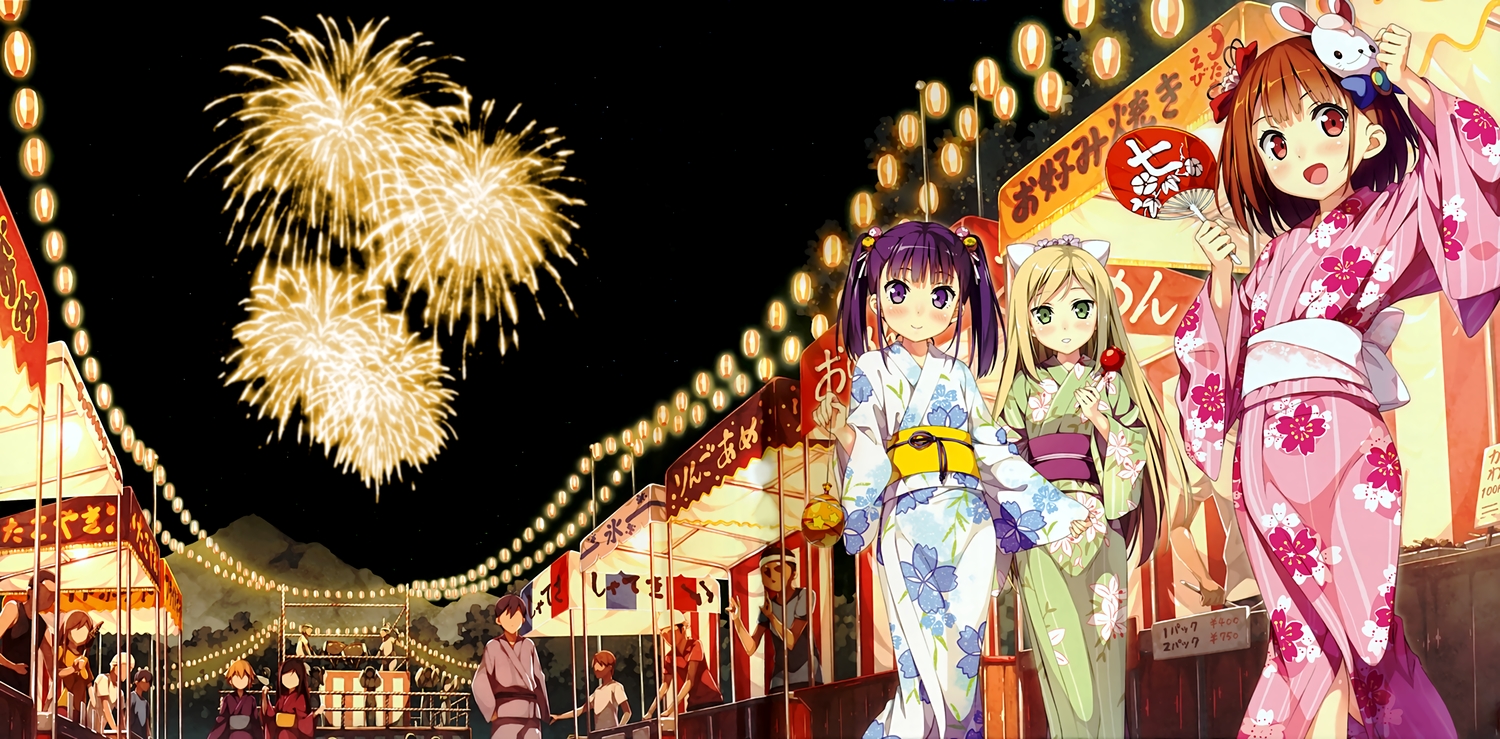 asagi_asuka, blonde_hair, blush, bow, brown_hair, candy, fan, festival, fireworks, green_eyes, japanese_clothes, kantoku, long_hair, magical_suite_prism_nana, oribe_kotone, purple_eyes, purple_hair, red_eyes, scan, short_hair, summer, twintails, washioka_itaru, watermark, yukata