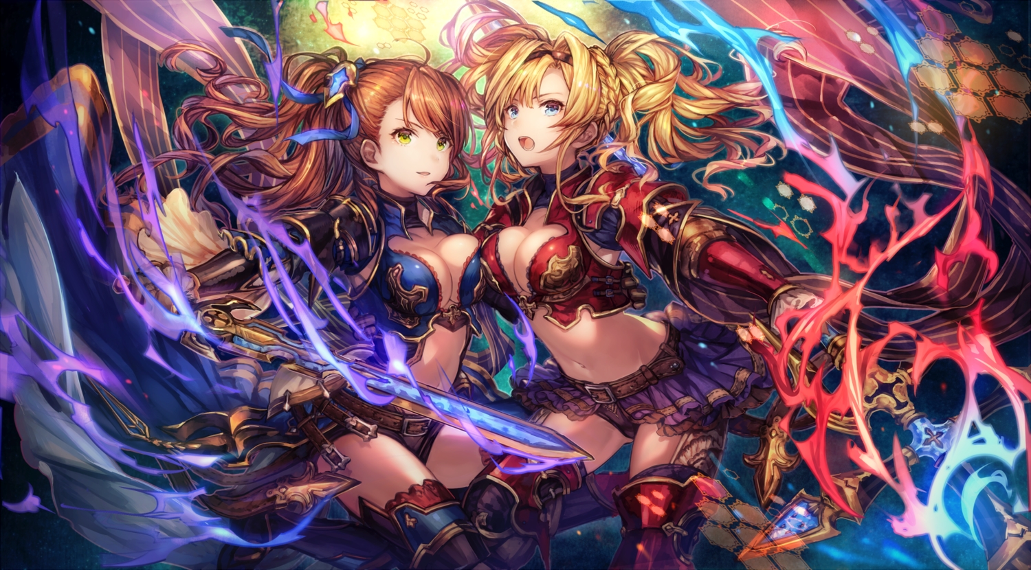 2girls, armor, beatrix_(granblue_fantasy), blonde_hair, blue_eyes, braids, breasts, brown_hair, cleavage, granblue_fantasy, green_eyes, long_hair, magic, ponytail, ribbons, shigaraki_(strobe_blue), shorts, skirt, staff, sword, thighhighs, weapon, zeta_(granblue_fantasy)