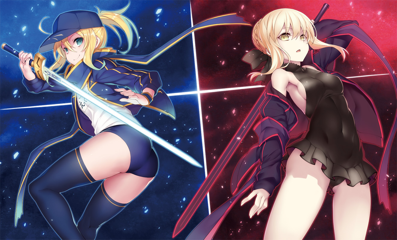 aqua_eyes, artoria_pendragon_(all), ass, blonde_hair, bloomers, bodysuit, breasts, cameltoe, fate_(series), fate/stay_night, gym_uniform, hat, mysterious_heroine_x, navel, ponytail, saber, saber_alter, sideboob, skintight, sword, thighhighs, weapon, yellow_eyes, yuu_(amadoki)
