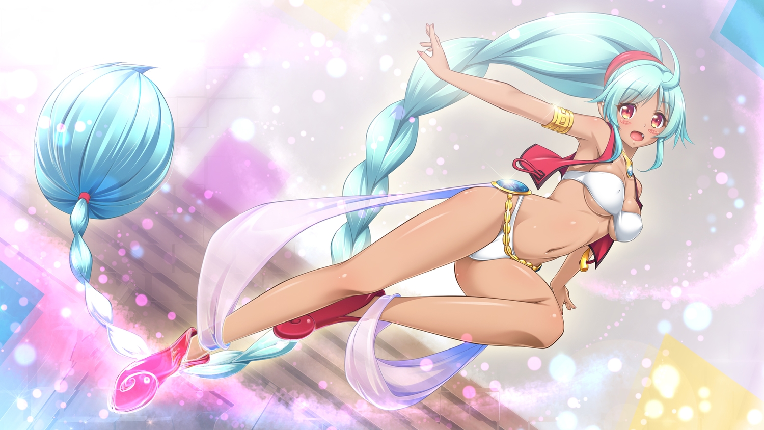 aqua_hair, bikini, blush, braids, breasts, dark_skin, erect_nipples, fang, hal_(21), long_hair, musaigen_no_phantom_world, navel, necklace, orange_eyes, pointed_ears, ponytail, ruru_(musaigen_no_phantom_world), swimsuit, underboob