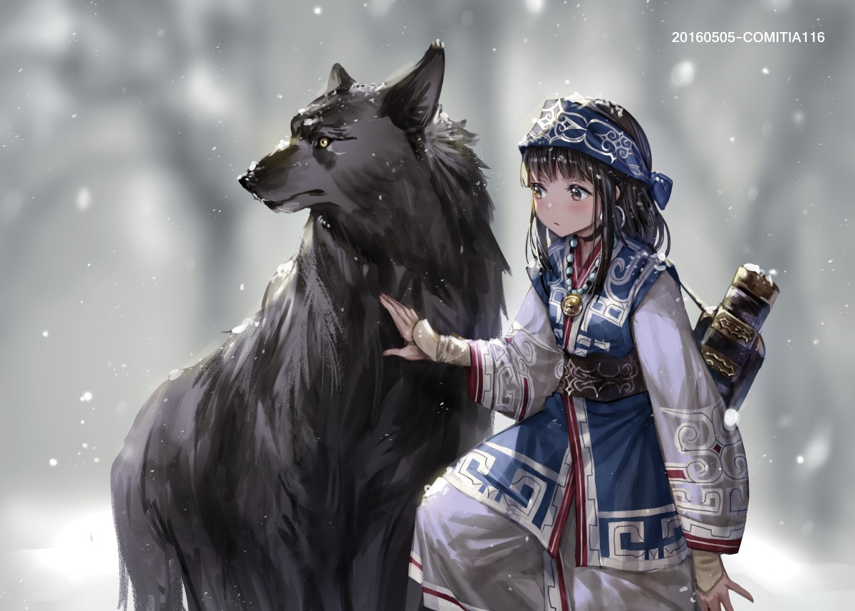 animal, black_hair, brown_eyes, choker, dress, irua, long_hair, necklace