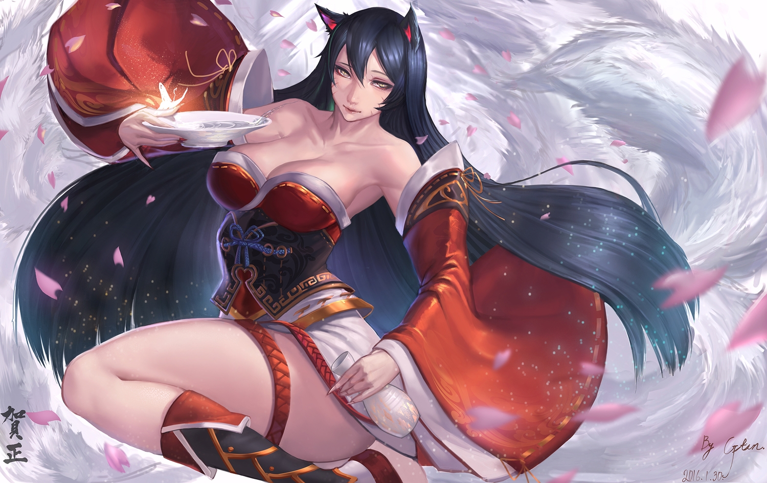 ahri_(league_of_legends), animal_ears, black_hair, breasts, cleavage, drink, foxgirl, gtunver, league_of_legends, long_hair, multiple_tails, petals, sake, tail, yellow_eyes