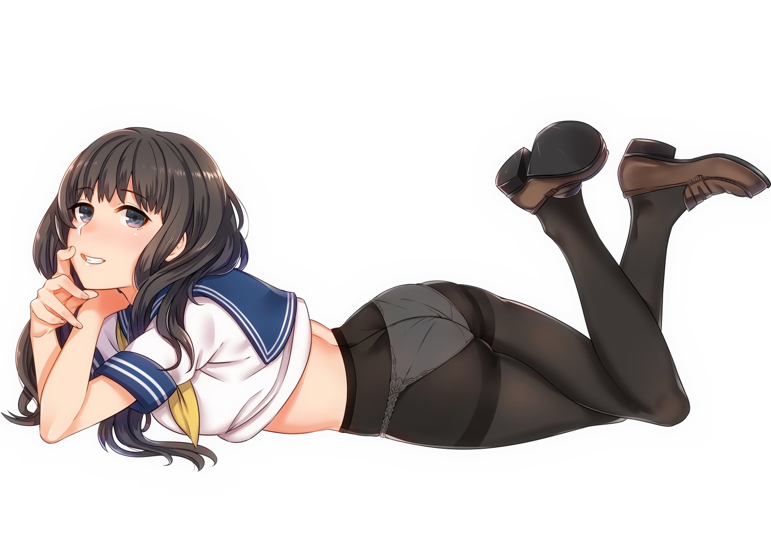 ass, black_hair, gray_eyes, kyuuso_inukami, long_hair, original, panties, pantyhose, school_uniform, see_through, stockings, underwear, white
