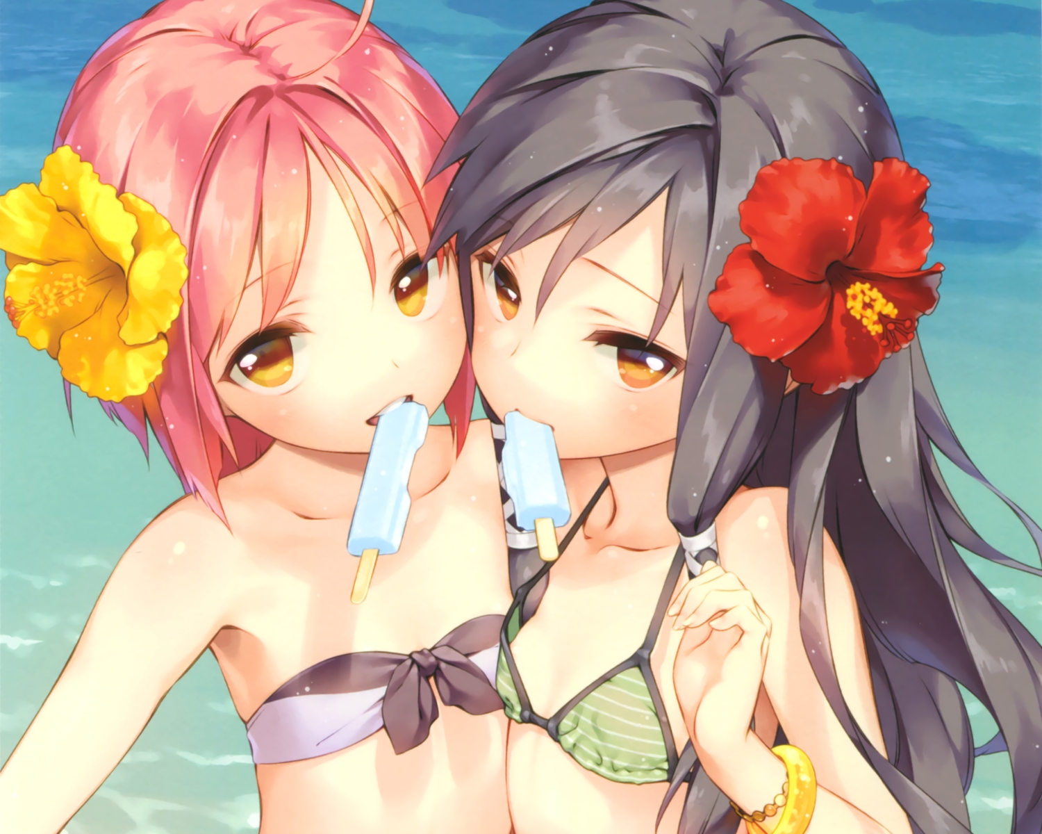 2girls, akino_momiji, bikini, black_hair, close, cropped, cuffs_(studio), flat_chest