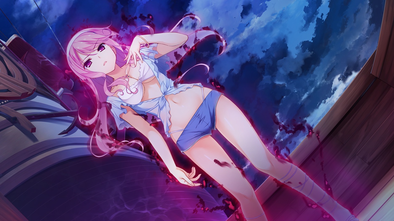 bikini_top, breasts, cleavage, front_wing, fumio, game_cg, hatsuru_koto_naki_mirai_yori, headband, long_hair, magic, meltyna, necklace, night, pink_eyes, pink_hair, shorts, wristwear