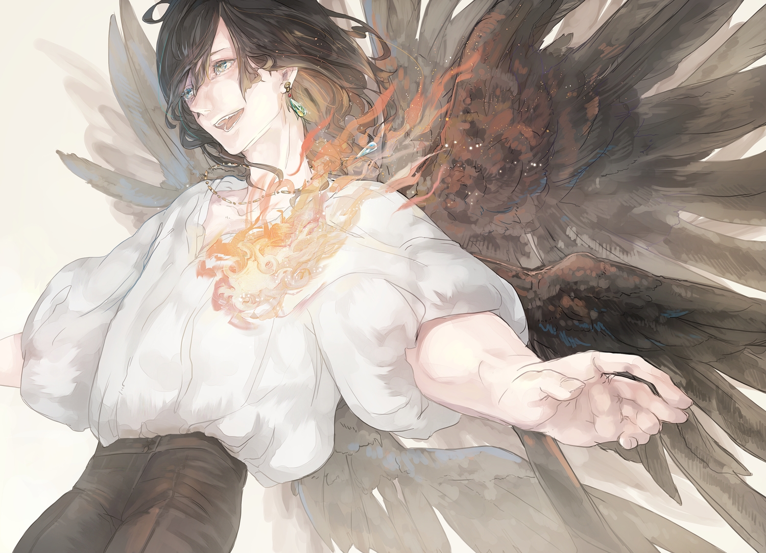 all_male, black_hair, calcifer, fire, howl, howl's_moving_castle, male, mizutame_tori, necklace, short_hair, wings