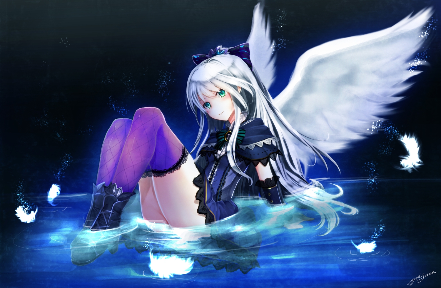 boots, bow, feathers, goth-loli, green_eyes, lolita_fashion, quiz_rpg:_world_of_mystic_wiz, thighhighs, water, white_hair, wings, yuitsuki1206