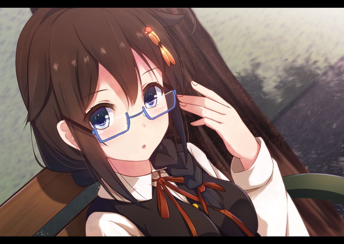 anthropomorphism, blue_eyes, braids, brown_hair, cuon_(kuon), glasses, kantai_collection, long_hair, ponytail, ribbons, shigure_(kancolle)